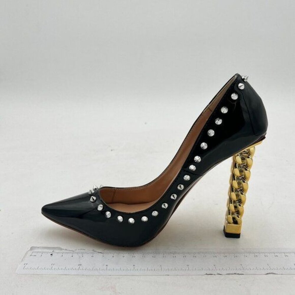 FSJ Women Pumps Pointed Toe High Heel Stilettos Rivets Studded Patent Leather Sh